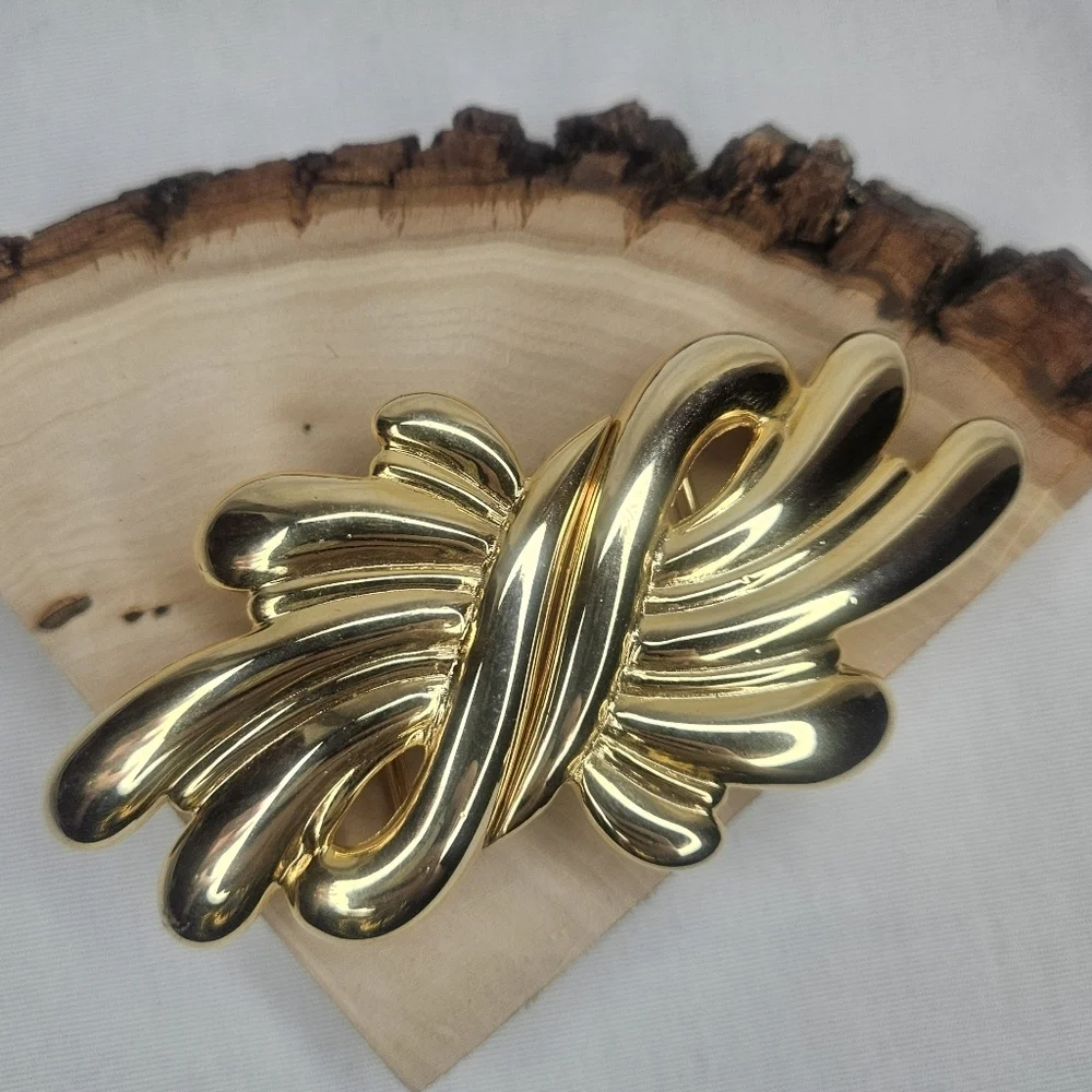 Vtg Douglas Paquette Gold Tone Sculptural Bow Swirl 2-Pc Belt Buckle 1980s EUC